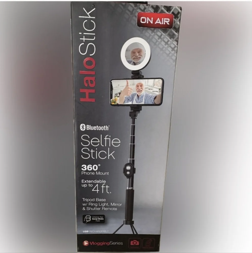 Halo Black Bluetooth Selfie Stick with Ring Light